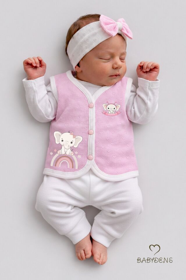 2’li Kız Bebek Yelek Seti ,Jakarlı Kalp Desenli,Pamuklu,Çıtçıtlı Bebek Yeleği Fil Baskılı,Mevsimlik