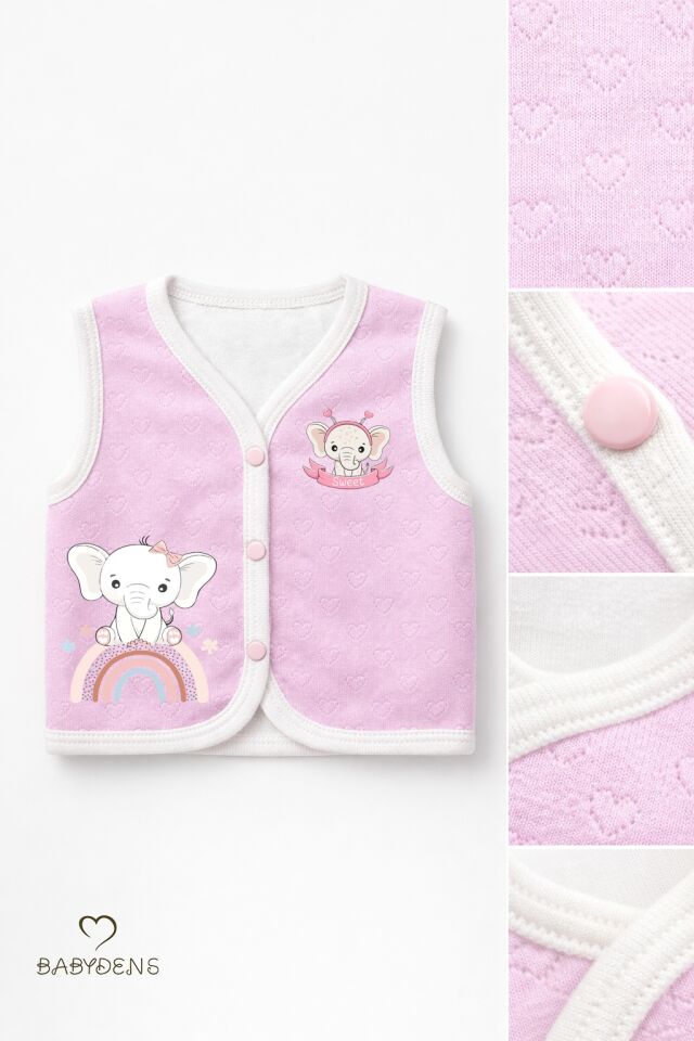 2’li Kız Bebek Yelek Seti ,Jakarlı Kalp Desenli,Pamuklu,Çıtçıtlı Bebek Yeleği Fil Baskılı,Mevsimlik