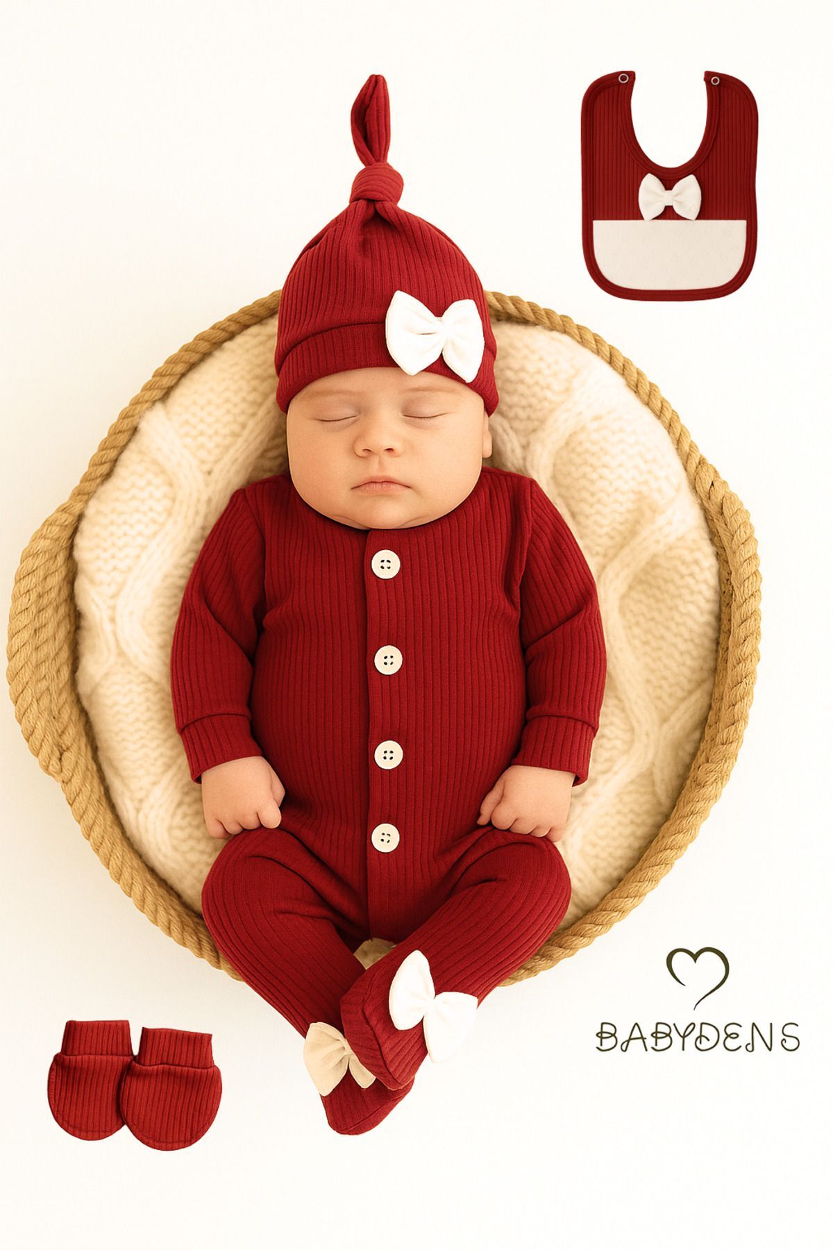 4 'lü Kız Bebek Fitilli Yenidoğan Bebek Tulum Seti %100 Pamuklu Hastane Çıkışı