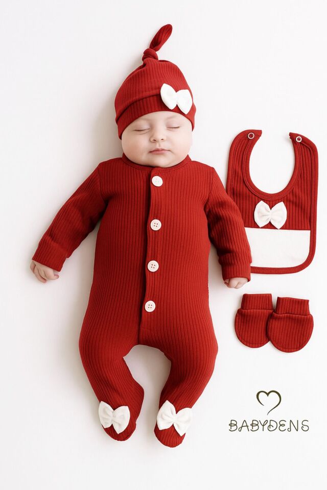 4 'lü Kız Bebek Fitilli Yenidoğan Bebek Tulum Seti %100 Pamuklu Hastane Çıkışı