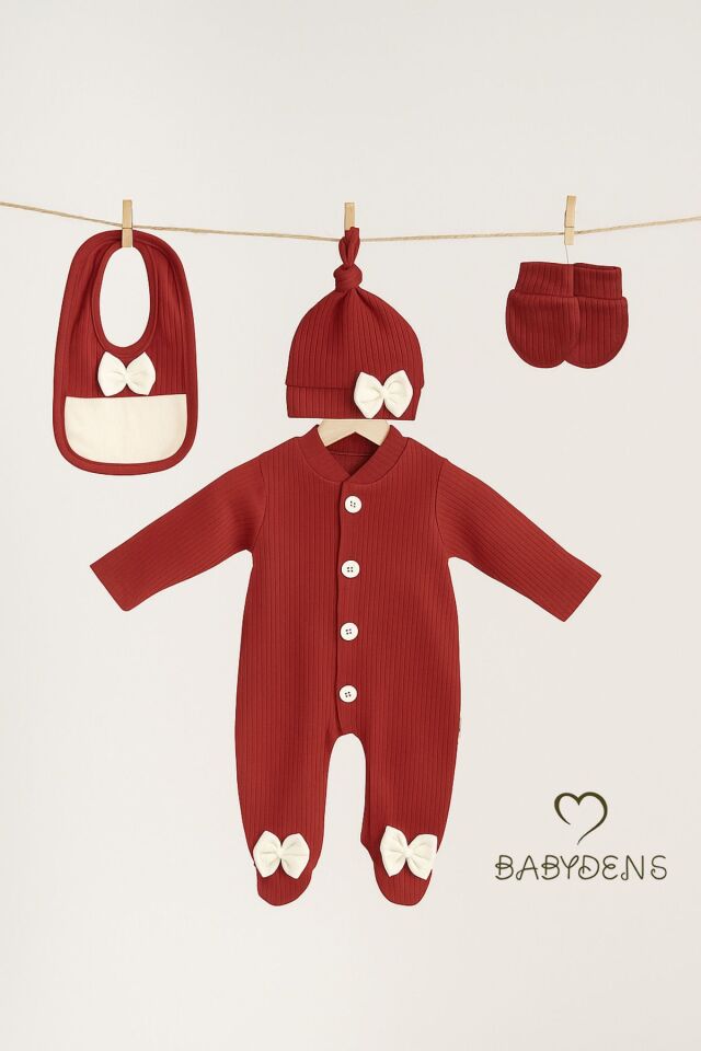 4 'lü Kız Bebek Fitilli Yenidoğan Bebek Tulum Seti %100 Pamuklu Hastane Çıkışı