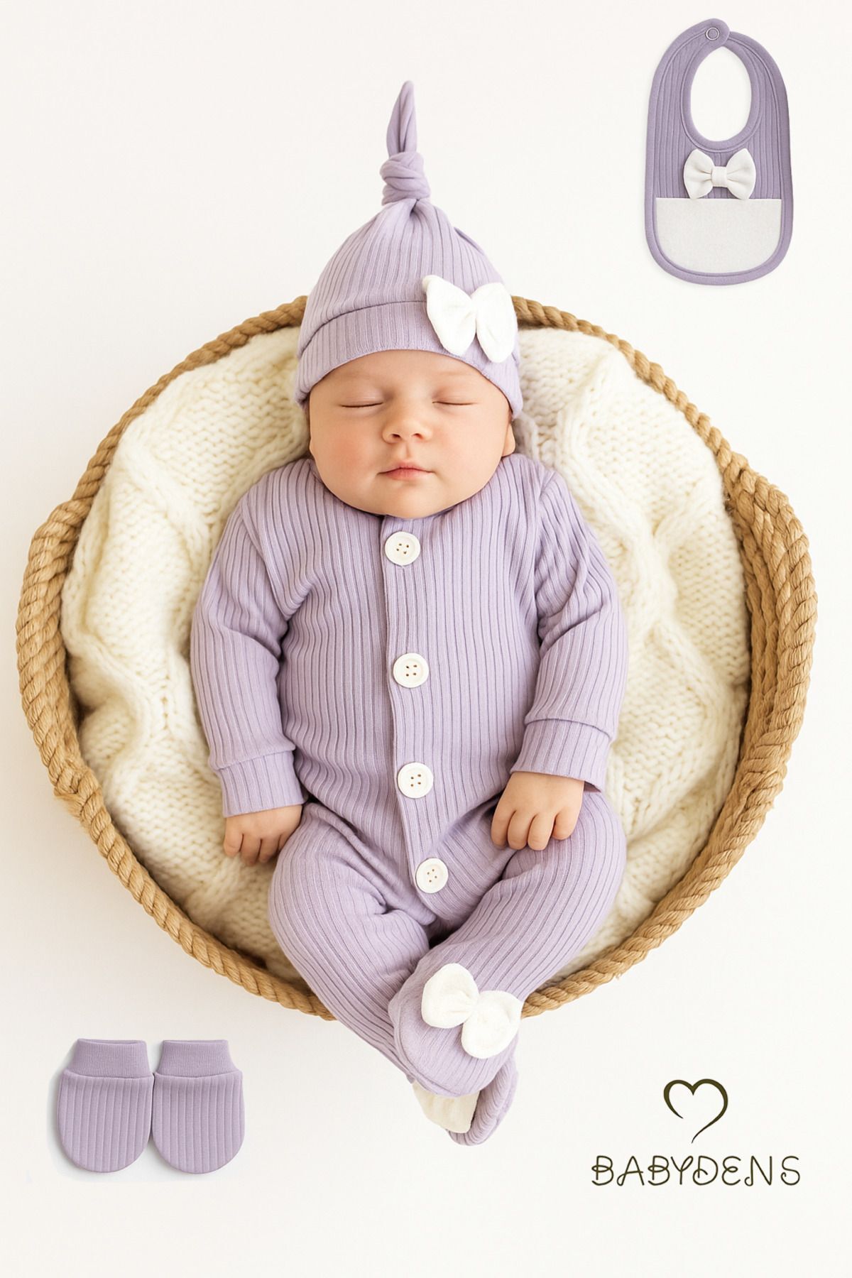 4 'lü Kız Bebek Fitilli Yenidoğan Bebek Tulum Seti %100 Pamuklu Hastane Çıkışı