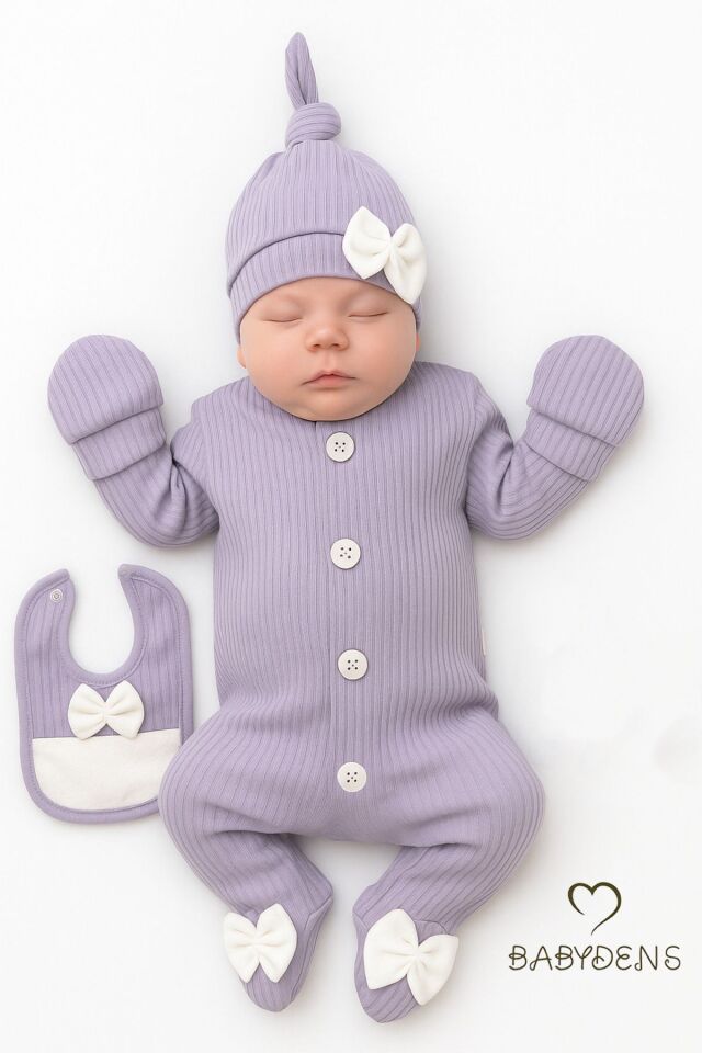 4 'lü Kız Bebek Fitilli Yenidoğan Bebek Tulum Seti %100 Pamuklu Hastane Çıkışı