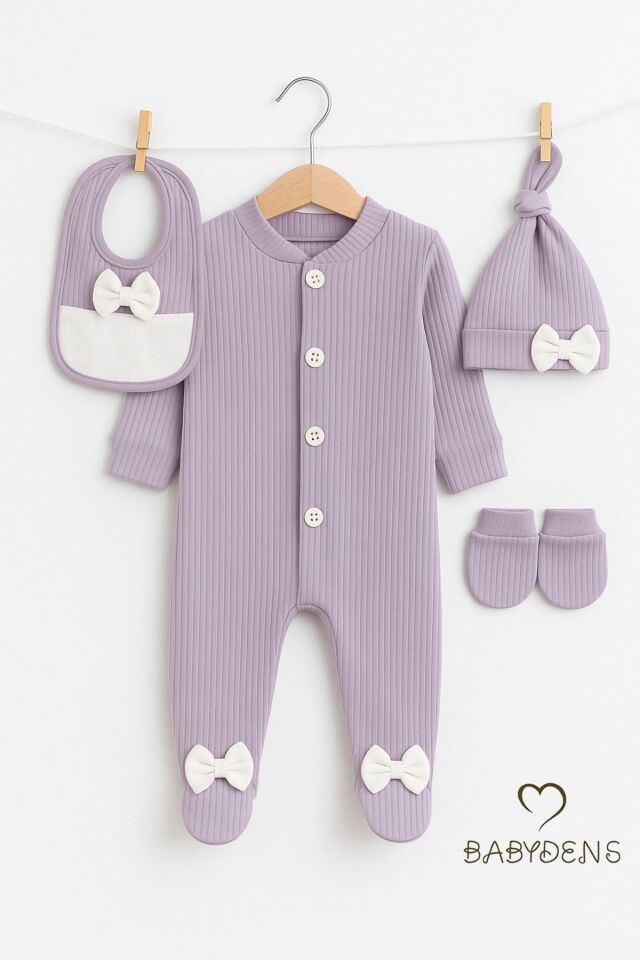 4 'lü Kız Bebek Fitilli Yenidoğan Bebek Tulum Seti %100 Pamuklu Hastane Çıkışı