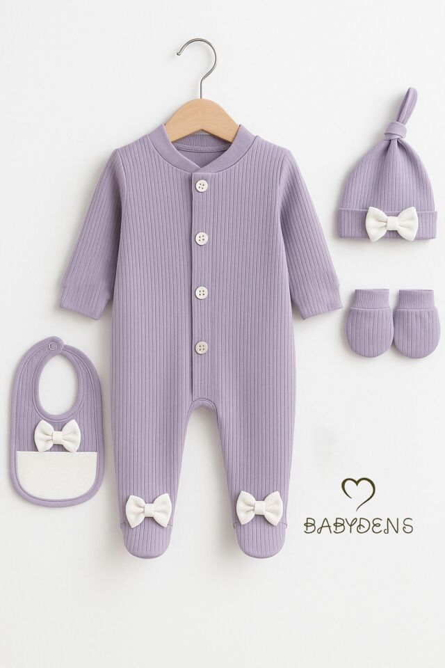 4 'lü Kız Bebek Fitilli Yenidoğan Bebek Tulum Seti %100 Pamuklu Hastane Çıkışı