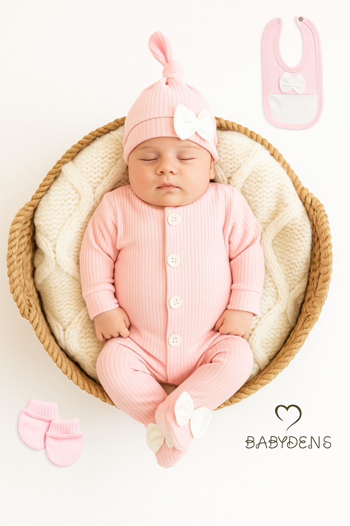 4 'lü Kız Bebek Fitilli Yenidoğan Bebek Tulum Seti %100 Pamuklu Hastane Çıkışı
