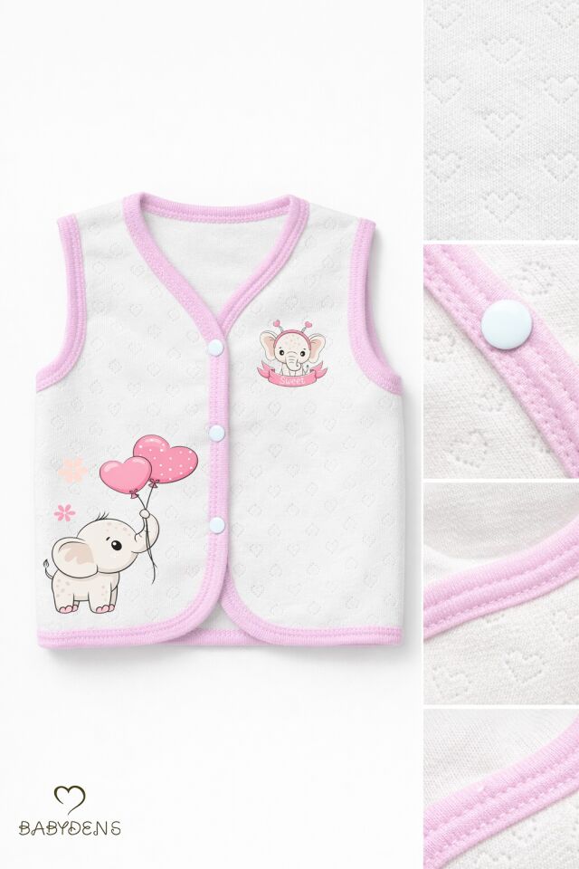 Kız Bebek 3’lü Yelek Seti Kalp Jakar Desenli Fil Baskılı Çıtçıtlı Yelek Yenidoğan Mevsimlik Yelek