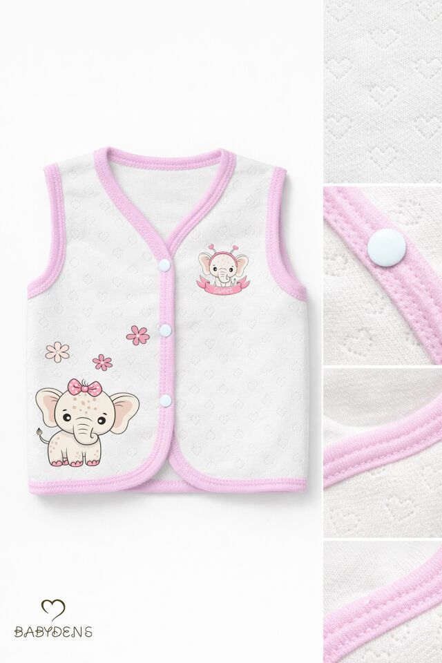 Kız Bebek 3’lü Yelek Seti Kalp Jakar Desenli Fil Baskılı Çıtçıtlı Yelek Yenidoğan Mevsimlik Yelek