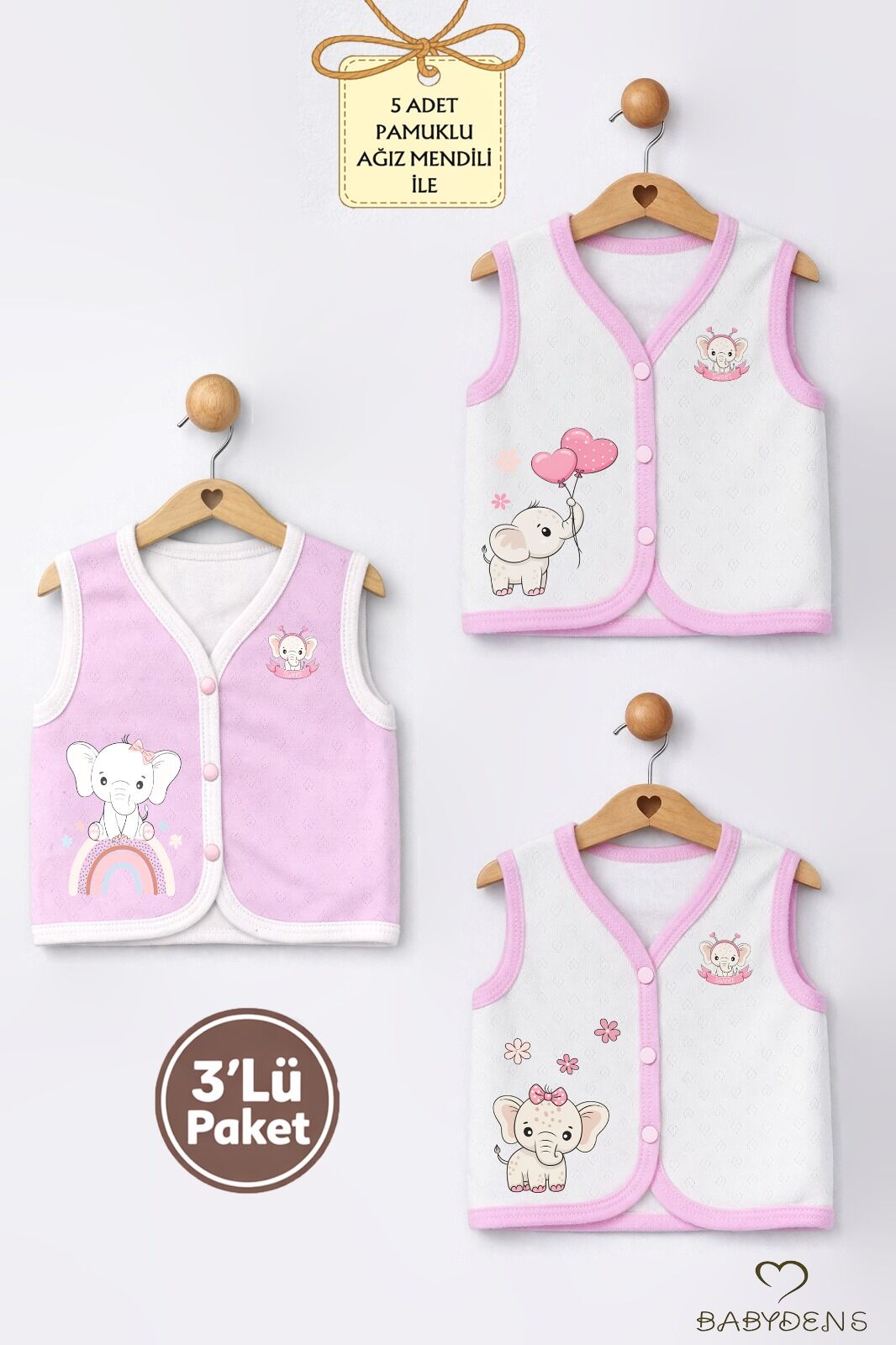 Kız Bebek 3’lü Yelek Seti Kalp Jakar Desenli Fil Baskılı Çıtçıtlı Yelek Yenidoğan Mevsimlik Yelek