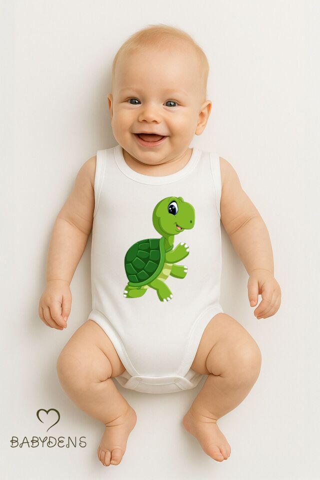 %100 Pamuklu Hayvan Figürlü Kolsuz Çıtçıtlı Bebek Body Yazlık Nefes Alabilir Unisex Zıbın Kaplumbağa 9 - 12 Ay