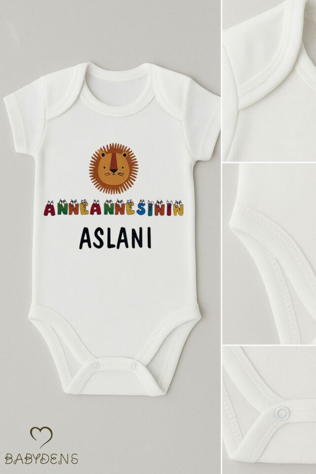 Anneannesinin Aslanı Yazılı Çıtçıtlı Bebek Zıbını | %100 Pamuk Kısa Kollu Body Tulum | 0-3 Ay-24 Ay