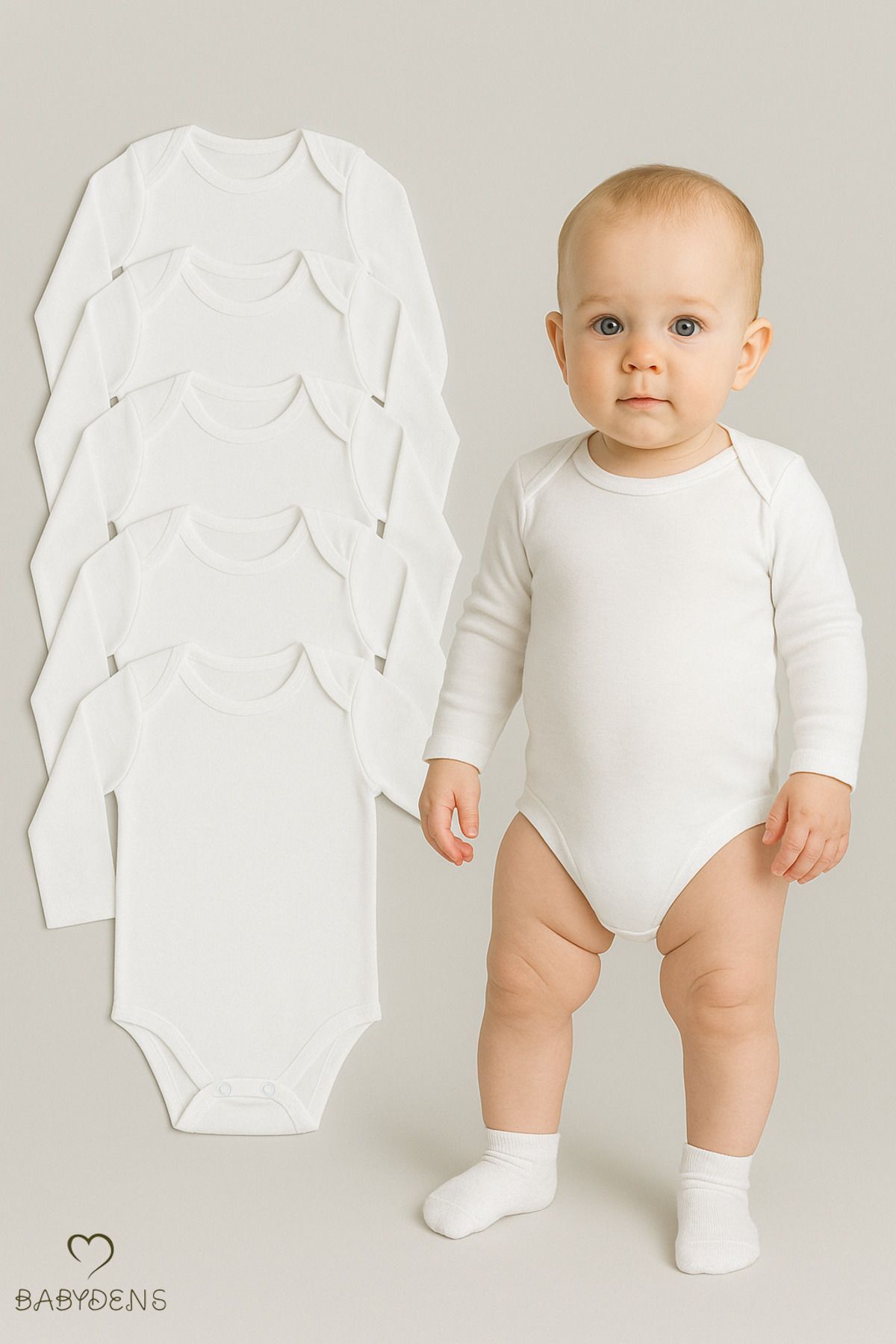 5’li Set Uzun Kollu Bebek Zıbın | Beyaz %100 Pamuk Çıtçıtlı Body | Unisex 0-24 Ay İç Giyim