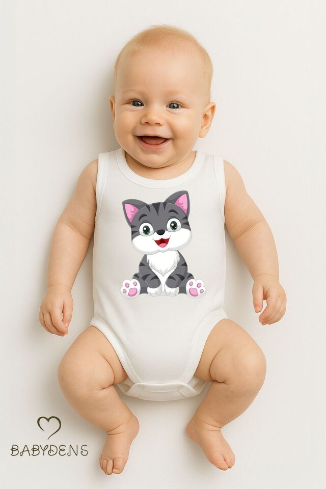 %100 Pamuklu Hayvan Figürlü Kolsuz Çıtçıtlı Bebek Body Yazlık Nefes Alabilir Unisex Zıbın Kedi 18-24 Ay
