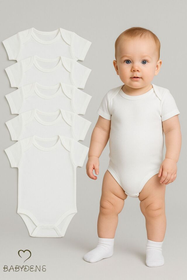 5’li Set Kısa Kollu Bebek Zıbın %100 Pamuk Çıtçıtlı Body Beyaz Unisex Bebek İç Giyim 03-24 Ay