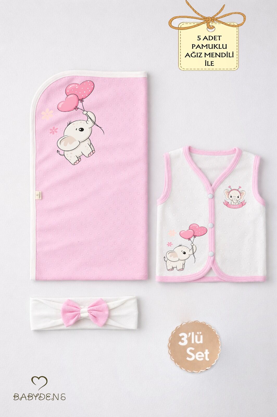 Kız Bebek 3’lü Set Pamuklu Kalp Jakar Desenli Fil Baskılı Yelek ,Battaniye ,Saç Bandı,Yenidoğan Seti