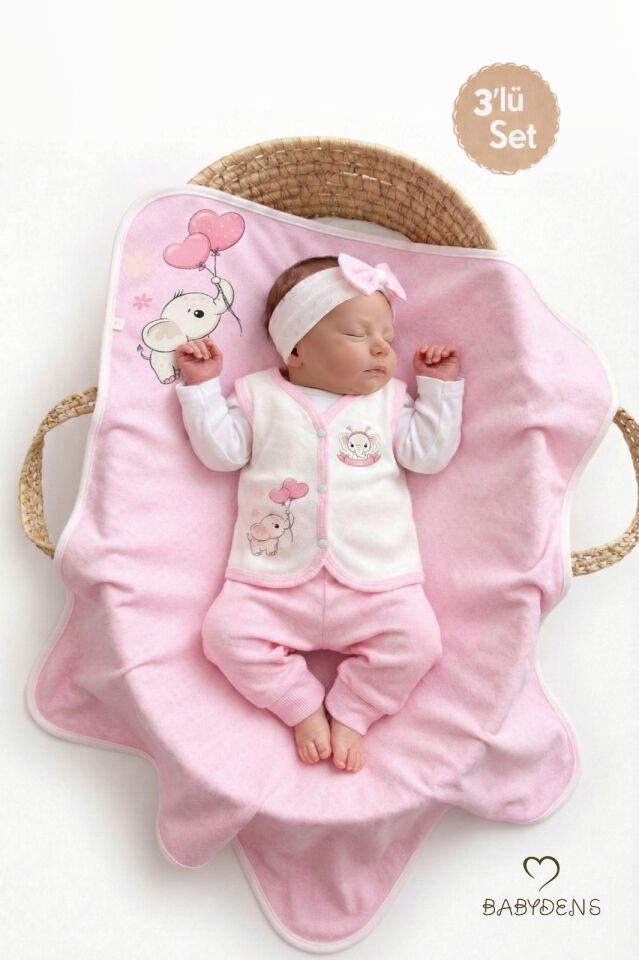 Kız Bebek 3’lü Set Pamuklu Kalp Jakar Desenli Fil Baskılı Yelek ,Battaniye ,Saç Bandı,Yenidoğan Seti