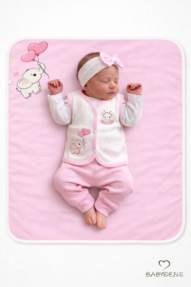 Kız Bebek 3’lü Set Pamuklu Kalp Jakar Desenli Fil Baskılı Yelek ,Battaniye ,Saç Bandı,Yenidoğan Seti