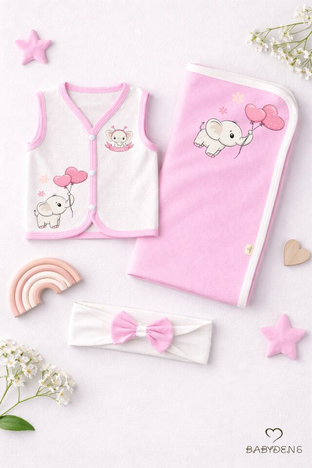 Kız Bebek 3’lü Set Pamuklu Kalp Jakar Desenli Fil Baskılı Yelek ,Battaniye ,Saç Bandı,Yenidoğan Seti