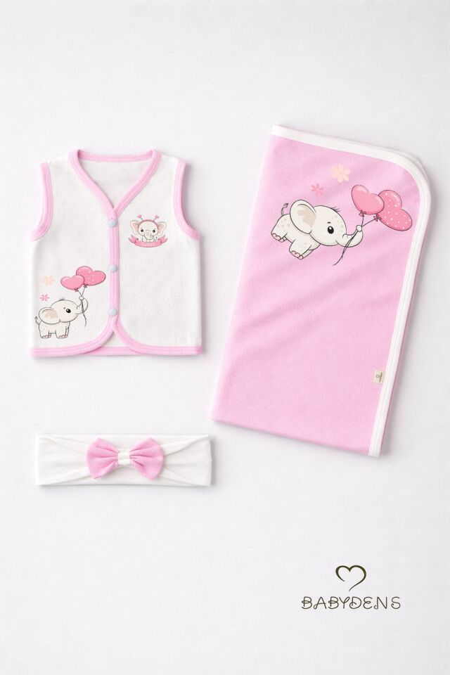 Kız Bebek 3’lü Set Pamuklu Kalp Jakar Desenli Fil Baskılı Yelek ,Battaniye ,Saç Bandı,Yenidoğan Seti