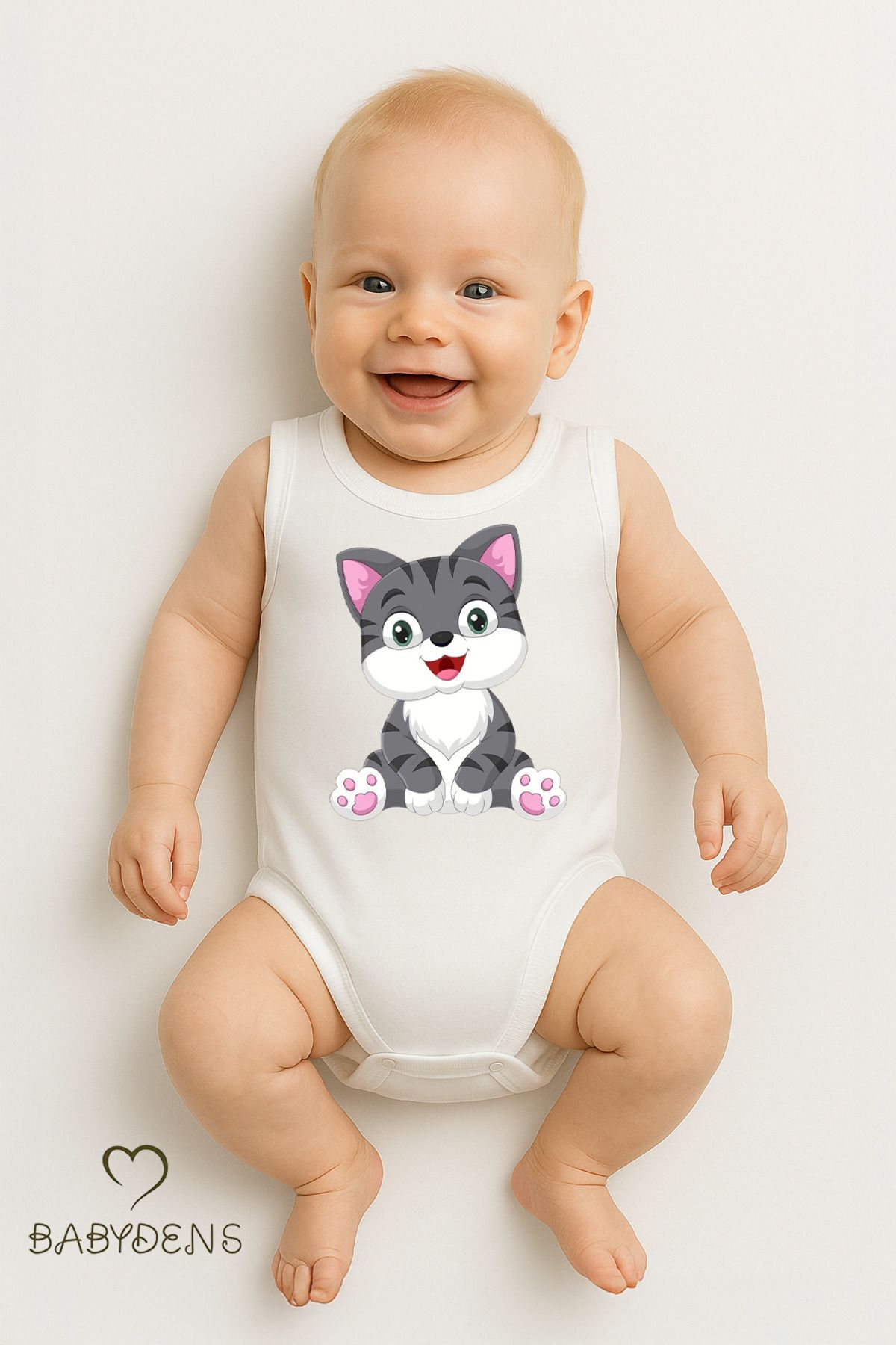 %100 Pamuklu Hayvan Figürlü Kolsuz Çıtçıtlı Bebek Body Yazlık Nefes Alabilir Unisex Zıbın Kedi 9 - 12 Ay