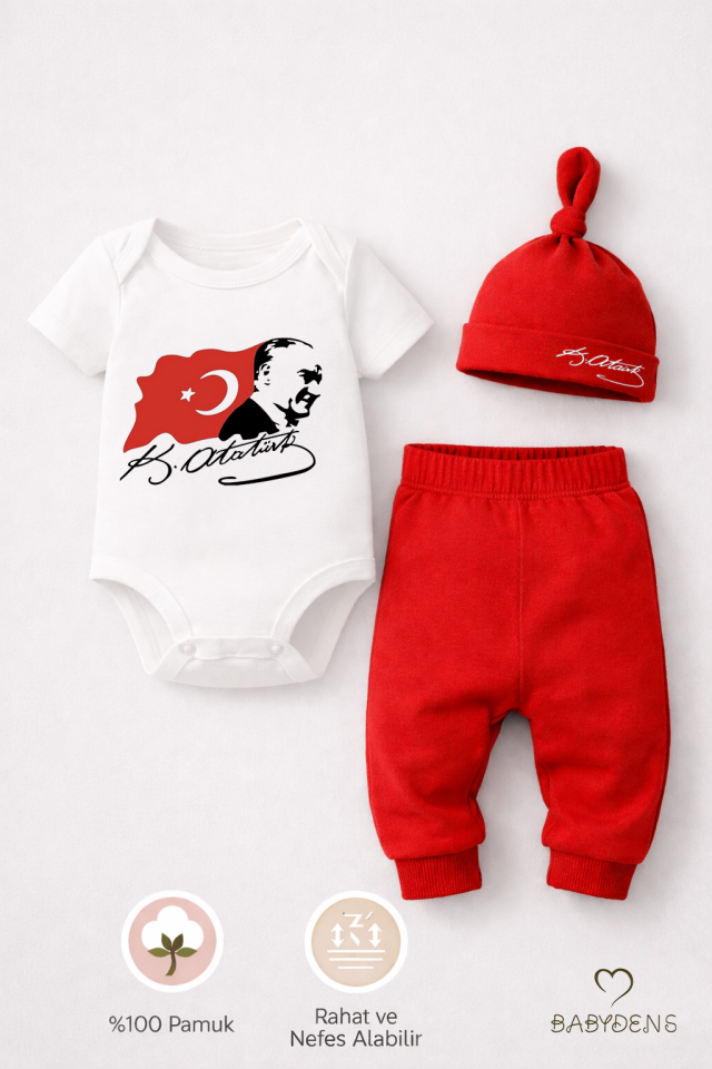 Atatürk Baskılı Kısa Kol 3’lü Bebek Takımı %100 Pamuk Body Pantolon Şapka Set Bayramlık Bebek Kombin