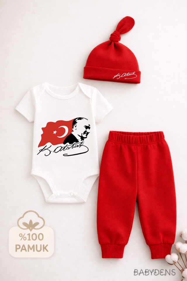 Atatürk Baskılı Kısa Kol 3’lü Bebek Takımı %100 Pamuk Body Pantolon Şapka Set Bayramlık Bebek Kombin