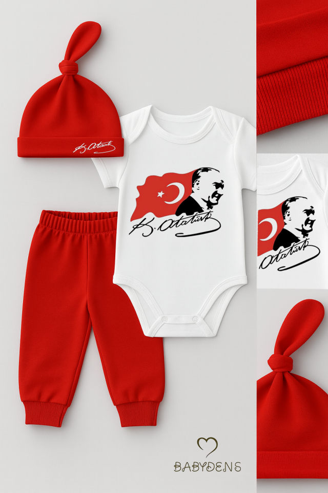 Atatürk Baskılı Kısa Kol 3’lü Bebek Takımı %100 Pamuk Body Pantolon Şapka Set Bayramlık Bebek Kombin