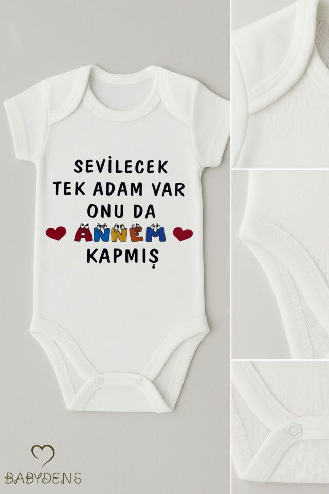 Sevilecek Tek Adam Var Onu da Annem Kapmış Yazılı Çıtçıtlı Bebek Body %100 Pamuk Kısa Kollu Zıbın