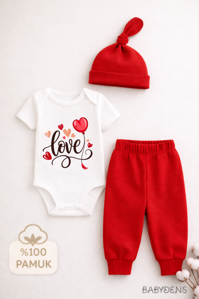 Love Baskılı 3’lü Bebek Takımı Kısa Kol Çıtçıtlı Body,Pantolon ve Şapka Set Yenidoğan Hastane Çıkışı