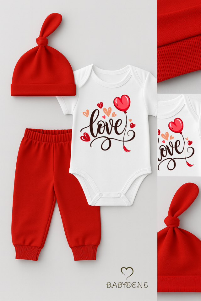 Love Baskılı 3’lü Bebek Takımı Kısa Kol Çıtçıtlı Body,Pantolon ve Şapka Set Yenidoğan Hastane Çıkışı
