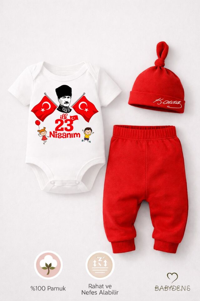 İlk 23 Nisan Bayramı Bebek Takımı Atatürk Baskılı %100 Pamuk Kısa Kollu Body Pantolon Şapka Seti