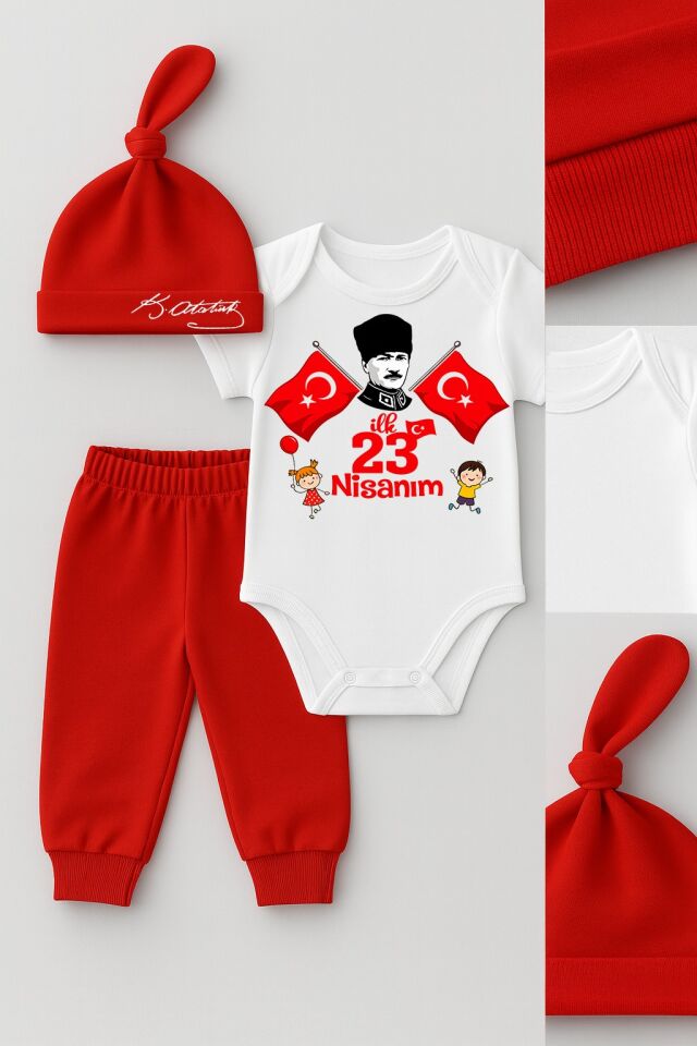 İlk 23 Nisan Bayramı Bebek Takımı Atatürk Baskılı %100 Pamuk Kısa Kollu Body Pantolon Şapka Seti