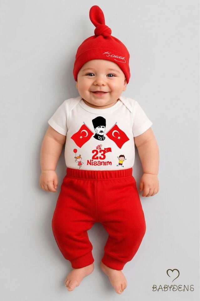 İlk 23 Nisan Bayramı Bebek Takımı Atatürk Baskılı %100 Pamuk Kısa Kollu Body Pantolon Şapka Seti
