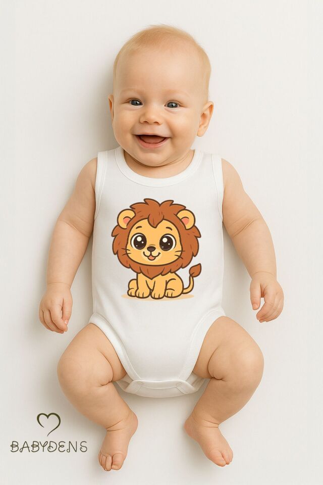 %100 Pamuklu Hayvan Figürlü Kolsuz Çıtçıtlı Bebek Body Yazlık Nefes Alabilir Unisex Zıbın Aslan