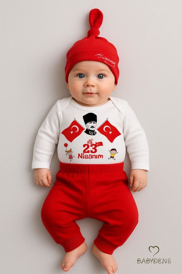 İlk 23 Nisan Bayramı Bebek Takımı Atatürk Baskılı %100 Pamuk Uzun Kollu Body Pantolon Şapka Seti