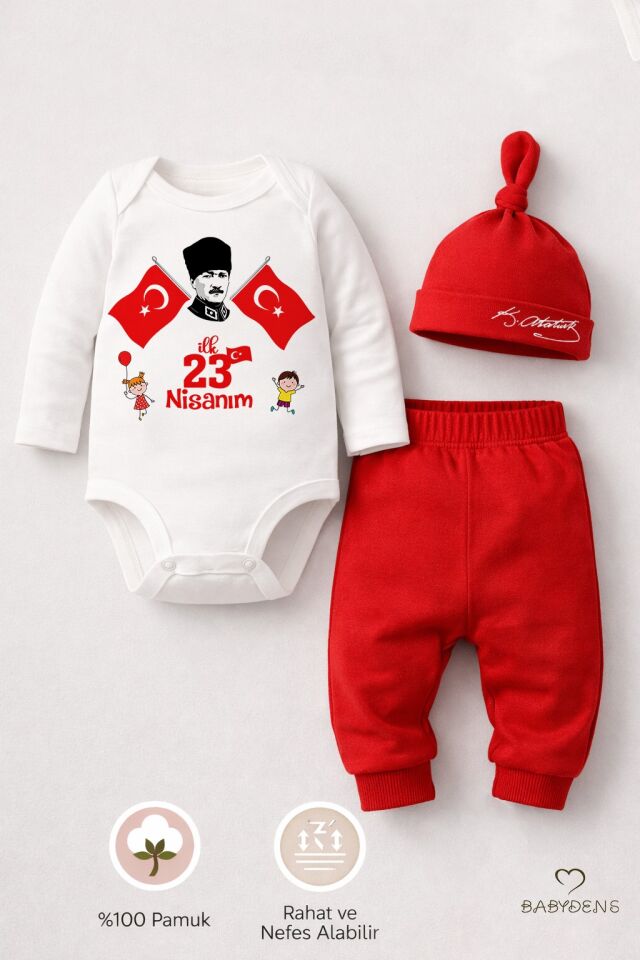 İlk 23 Nisan Bayramı Bebek Takımı Atatürk Baskılı %100 Pamuk Uzun Kollu Body Pantolon Şapka Seti