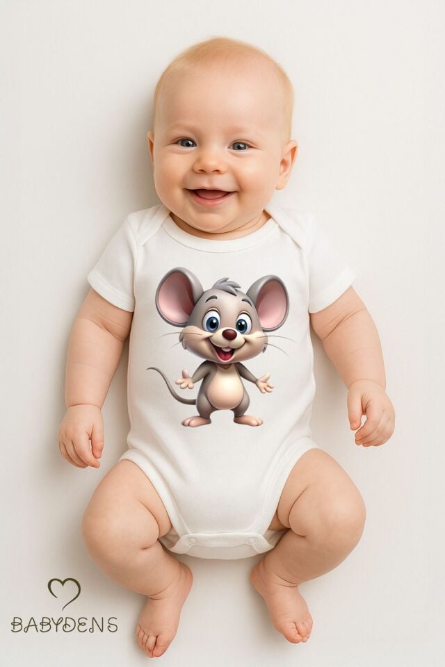 %100 Pamuklu Sevimli Hayvan Figürlü Bebek Body Unisex Çıtçıtlı Tulum Yazlık Kısa Kollu Zıbın Fare