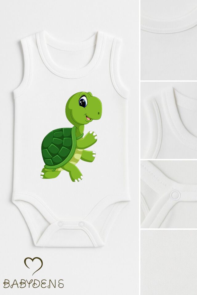%100 Pamuklu Hayvan Figürlü Kolsuz Çıtçıtlı Bebek Body Yazlık Nefes Alabilir Unisex Zıbın Kaplumbağa