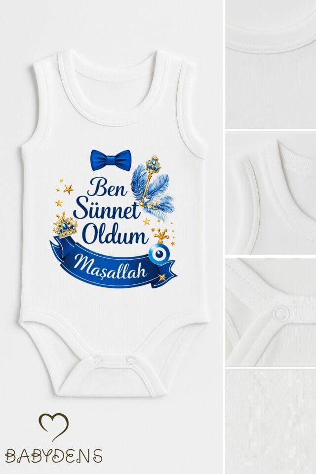 Sünnet Kıyafeti Erkek Bebek Body %100 Pamuk – Ben Sünnet Oldum Maşallah Baskılı Zıbın –Kolsuz Body