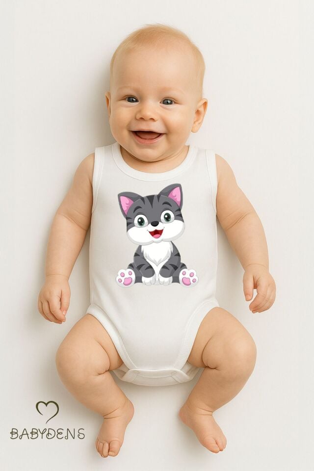 %100 Pamuklu Hayvan Figürlü Kolsuz Çıtçıtlı Bebek Body Yazlık Nefes Alabilir Unisex Zıbın Kedi