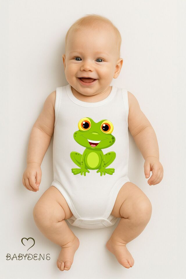 %100 Pamuklu Hayvan Figürlü Kolsuz Çıtçıtlı Bebek Body Yazlık Nefes Alabilir Unisex Zıbın Kurbağa