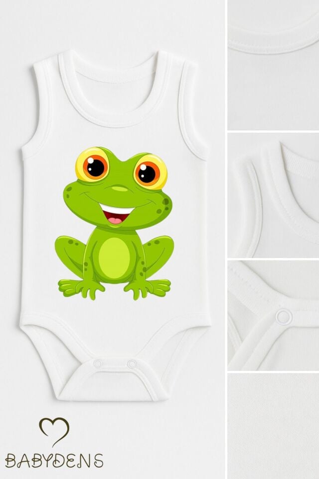%100 Pamuklu Hayvan Figürlü Kolsuz Çıtçıtlı Bebek Body Yazlık Nefes Alabilir Unisex Zıbın Kurbağa
