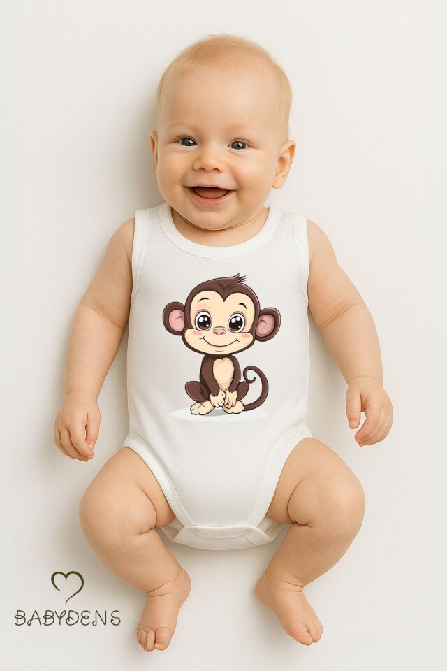%100 Pamuklu Hayvan Figürlü Kolsuz Çıtçıtlı Bebek Body Yazlık Nefes Alabilir Unisex Zıbın Maymun