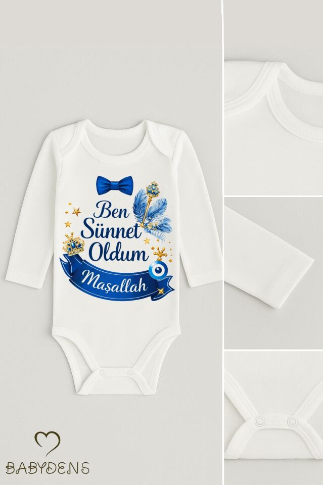 Sünnet Kıyafeti Erkek Bebek Body %100 Pamuk – Ben Sünnet Oldum Maşallah Baskılı Zıbın –Uzun Kol Body
