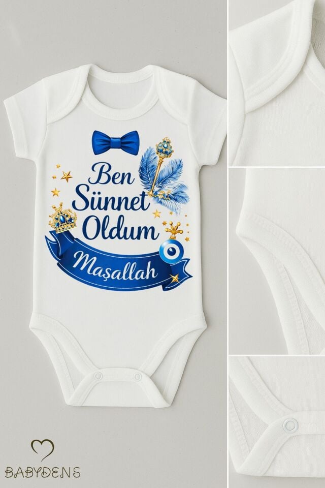 Sünnet Kıyafeti Erkek Bebek Body %100 Pamuk – Ben Sünnet Oldum Maşallah Baskılı Zıbın –Kısa Kol Body