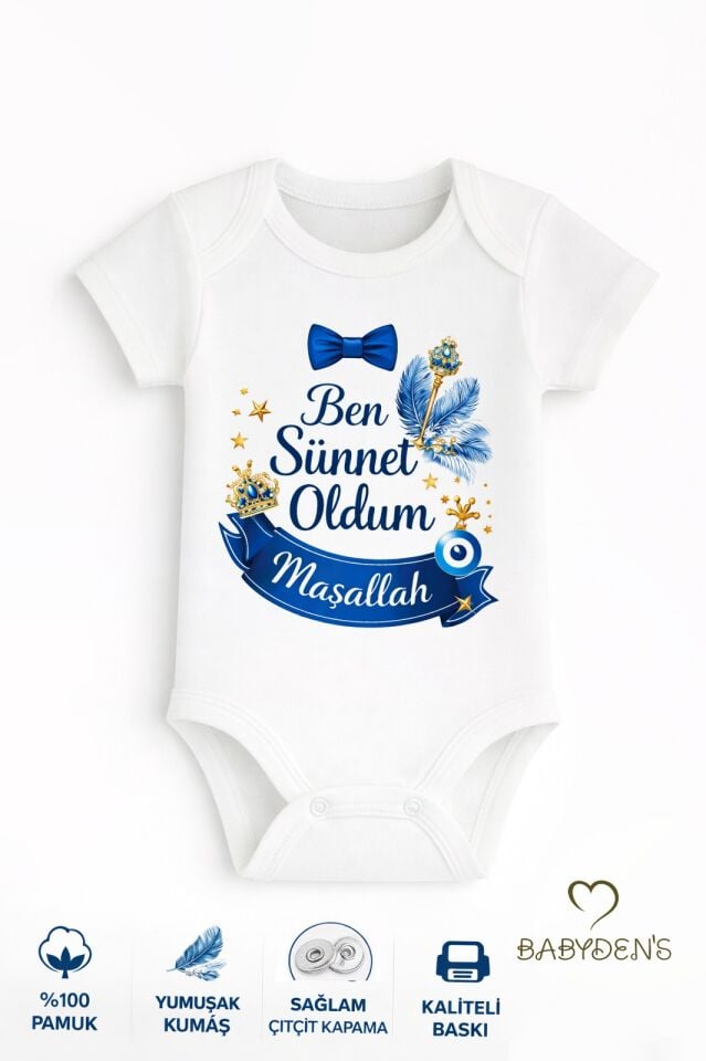 Sünnet Kıyafeti Erkek Bebek Body %100 Pamuk – Ben Sünnet Oldum Maşallah Baskılı Zıbın –Kısa Kol Body