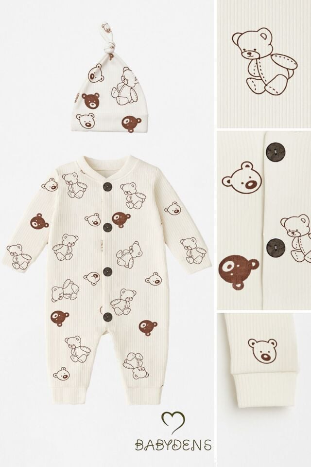 Ekru Ayıcık Desenli %100 Pamuklu Ribana Düğmeli Bebek Tulum & Şapka Takımı | Manşetli Paça | Unisex