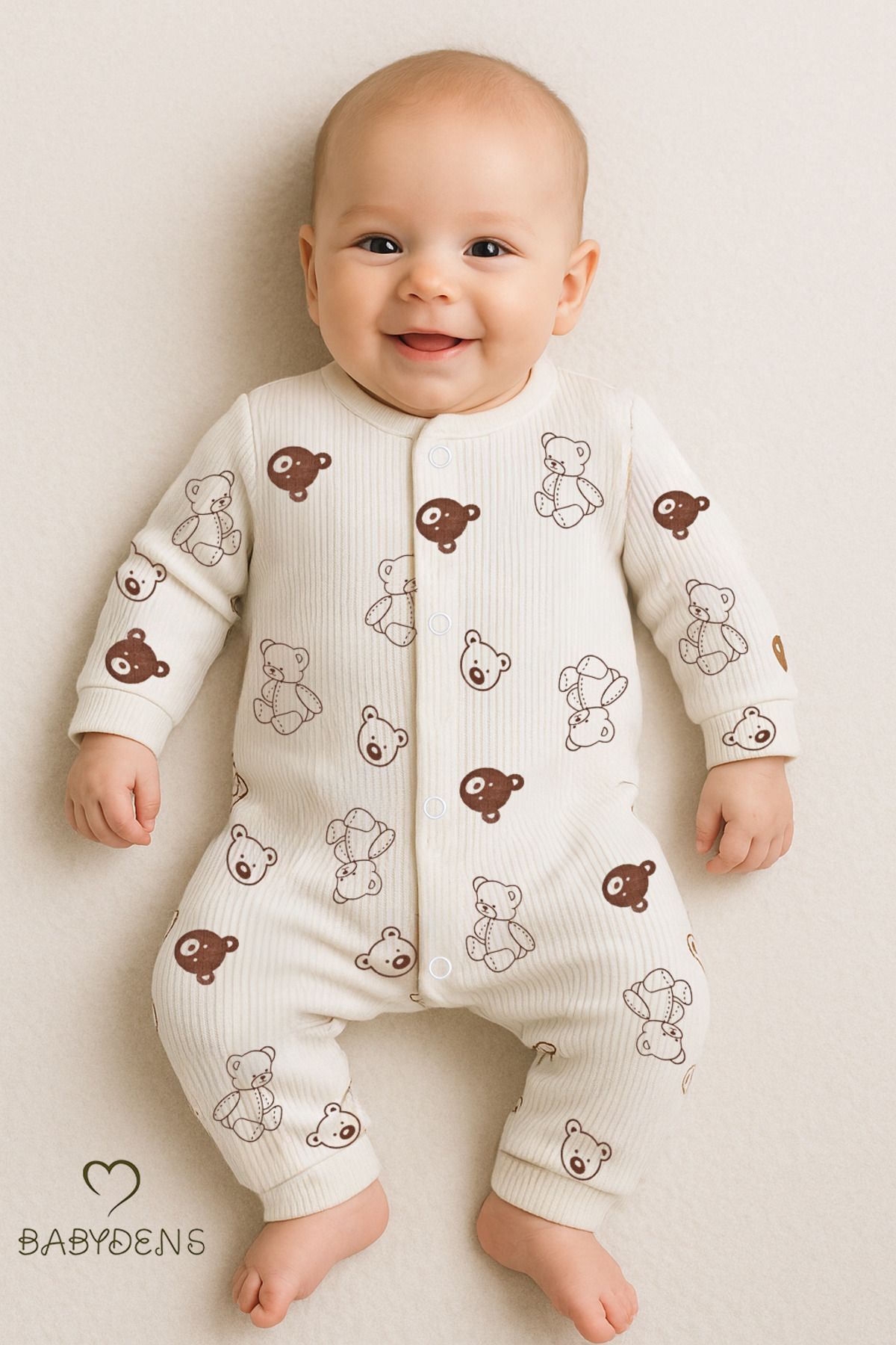 Ekru Renk %100 Pamuklu Manşetli Paça Çıtçıtlı Bebek Tulum Ayıcık Desenli Unisex Fitilli Ribana Tulum