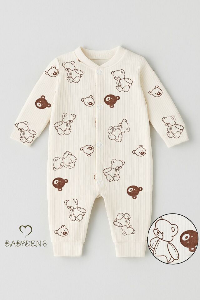 Ekru Renk %100 Pamuklu Manşetli Paça Çıtçıtlı Bebek Tulum Ayıcık Desenli Unisex Fitilli Ribana Tulum