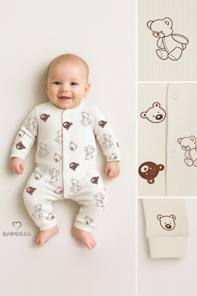 Ekru Renk %100 Pamuklu Manşetli Paça Çıtçıtlı Bebek Tulum Ayıcık Desenli Unisex Fitilli Ribana Tulum